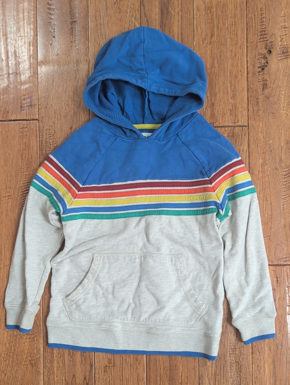 Mini Boden Blue & Cream Hooded Sweatshirt with Rainbow Stripes